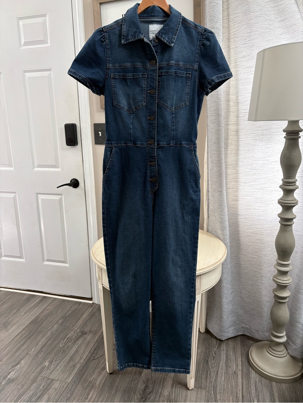 Celebrity Pink Vintage Dark Blue Stretch Denim Short-Sleeve Jumpsuit